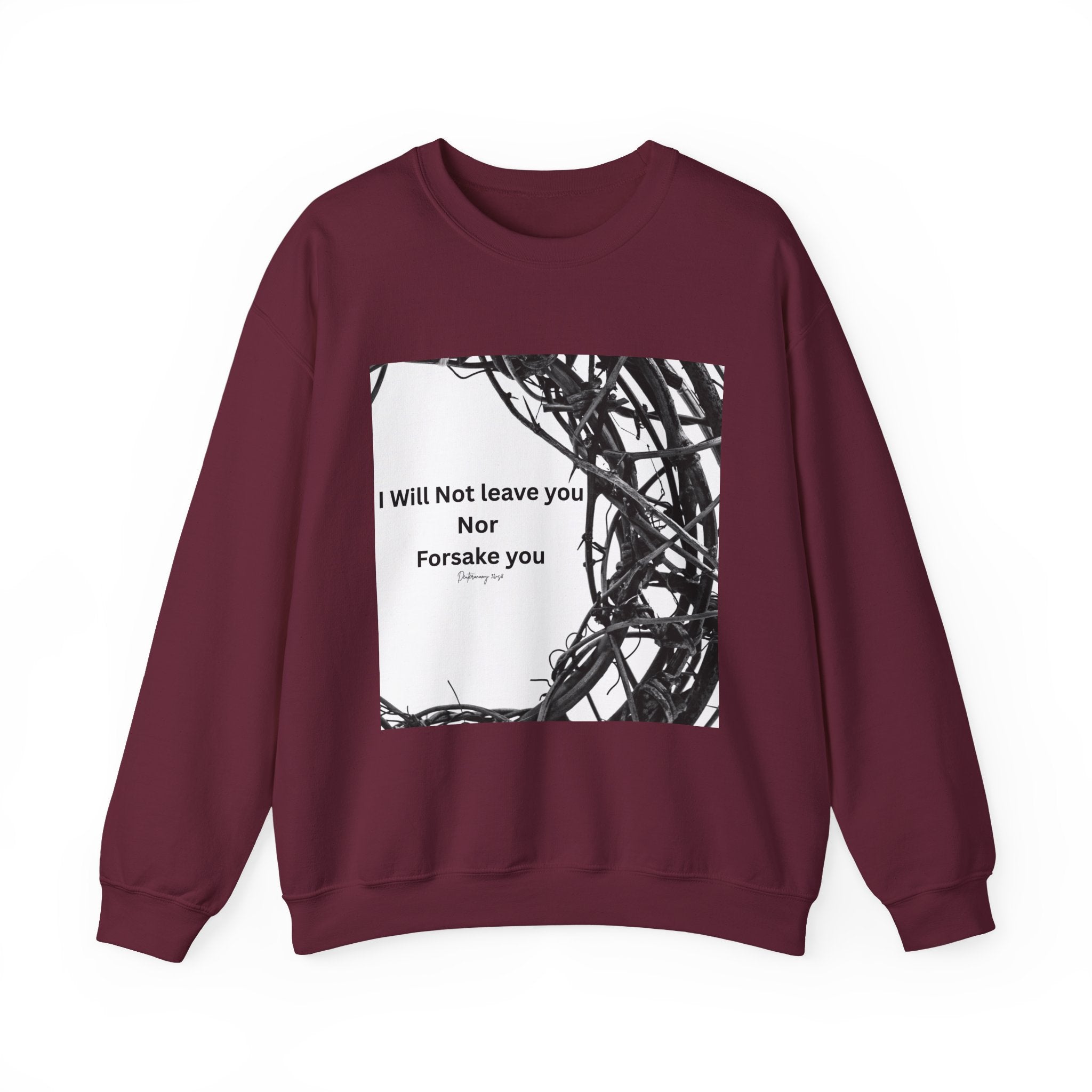 Crewneck Sweatshirt — "I Will Not Leave You Nor Forsake You" Crown of Thorns Christian Faith Sweatshirt