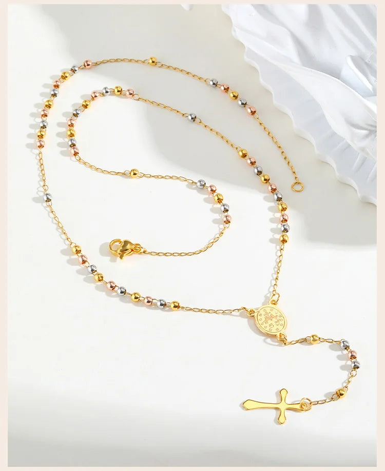 BeautifulHalos Triple Tone Beaded Rosary Cross Necklace