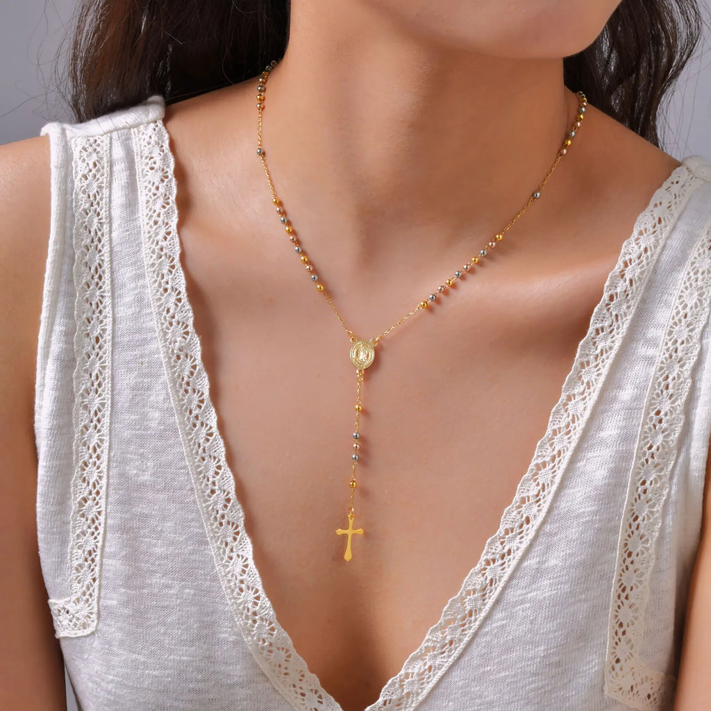 BeautifulHalos Triple Tone Beaded Rosary Cross Necklace