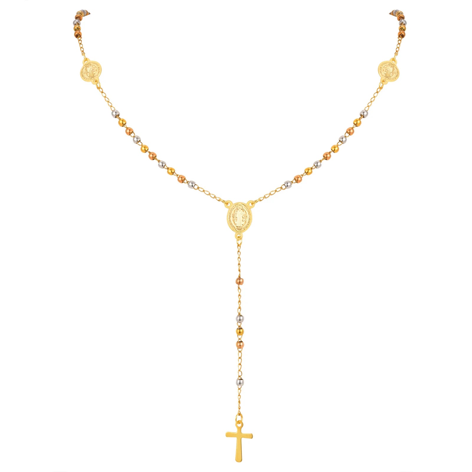 BeautifulHalos Triple Tone Beaded Rosary Cross Necklace