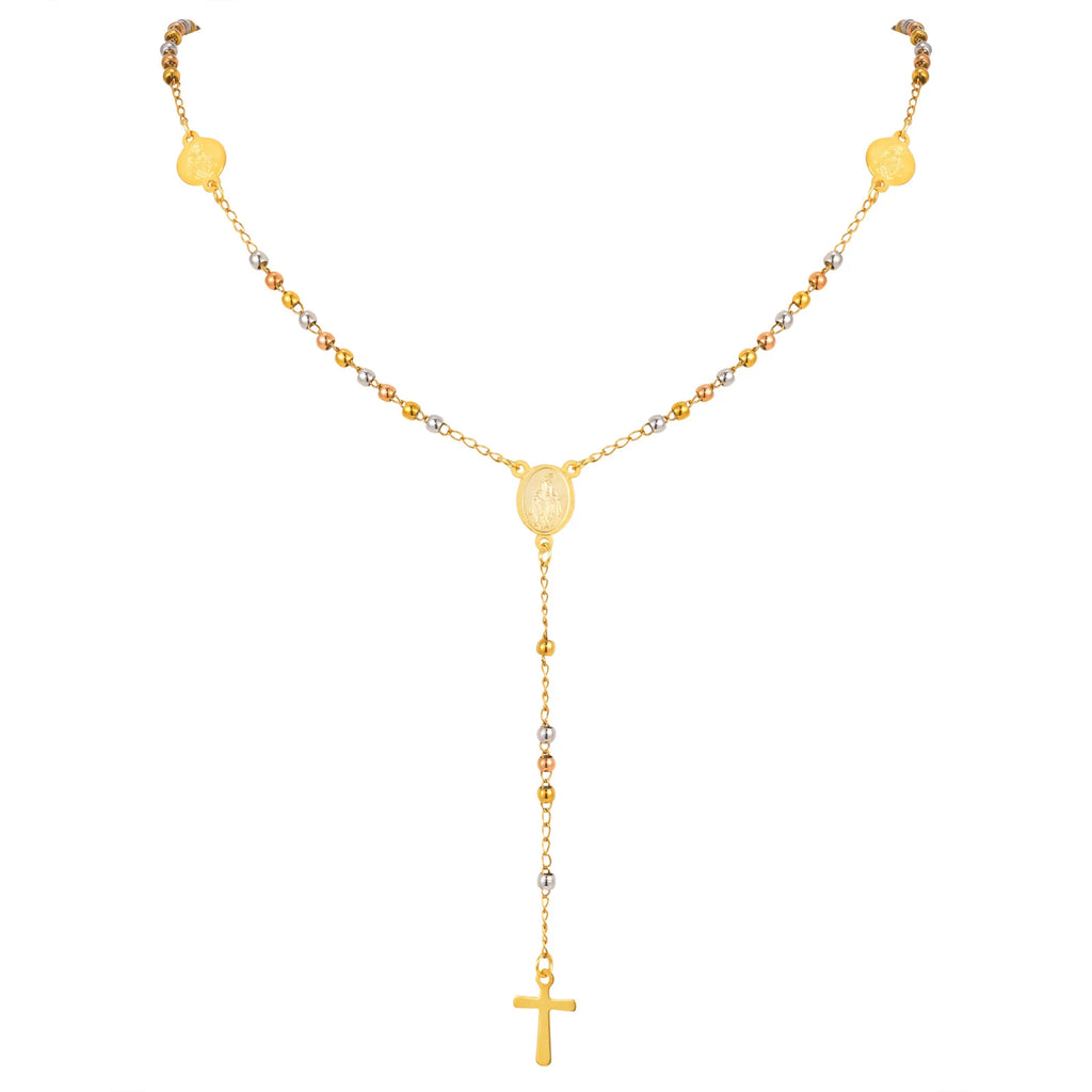 BeautifulHalos Triple Tone Beaded Rosary Cross Necklace