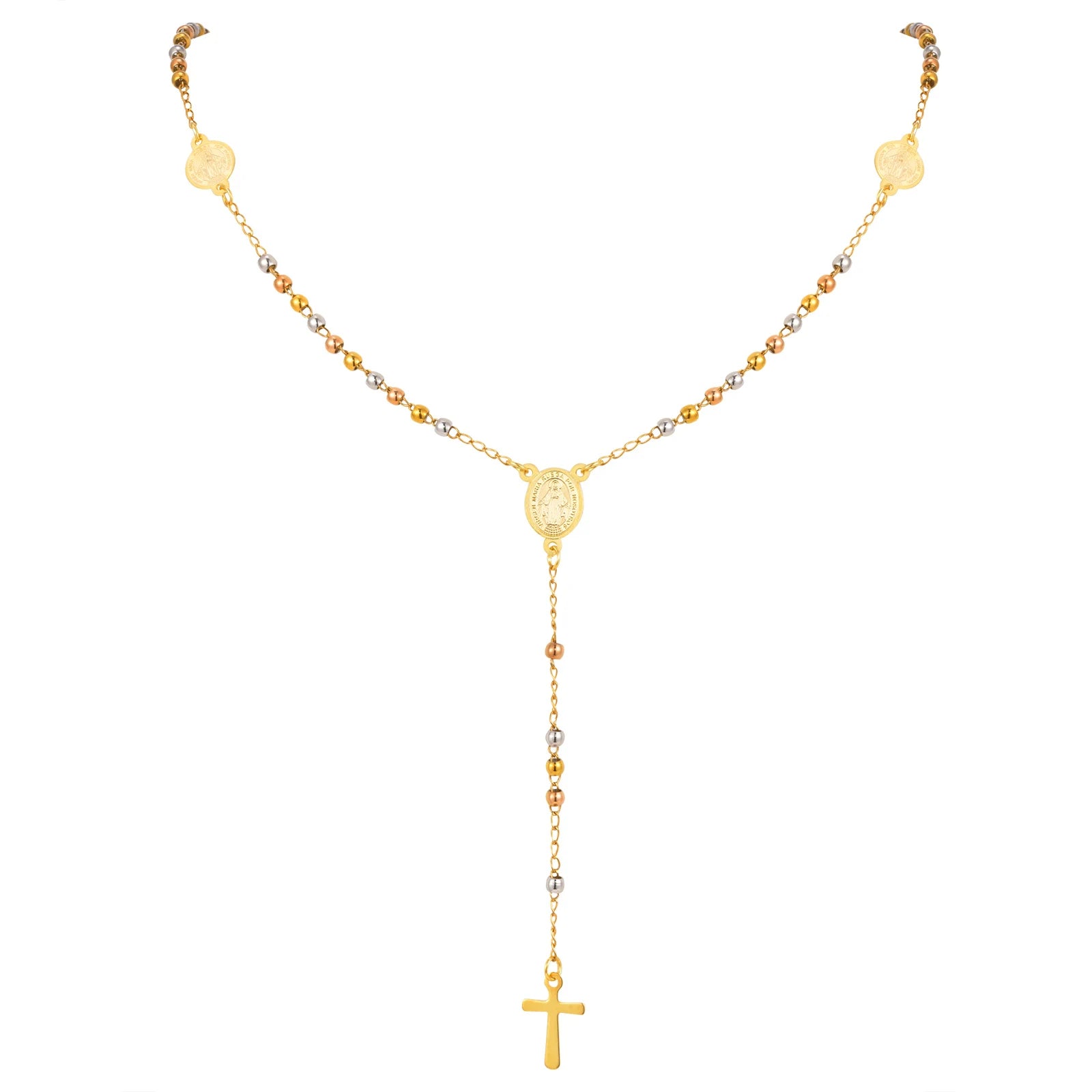 BeautifulHalos Triple Tone Beaded Rosary Cross Necklace